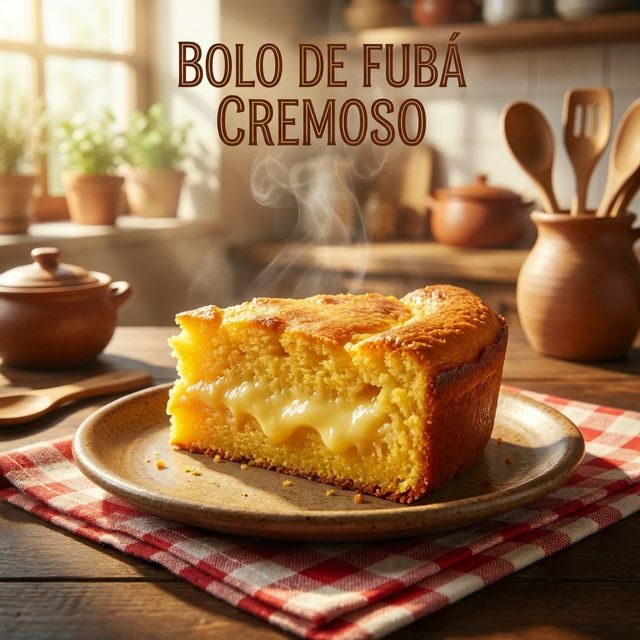 Bolo de fubá cremoso cortado mostrando textura úmida